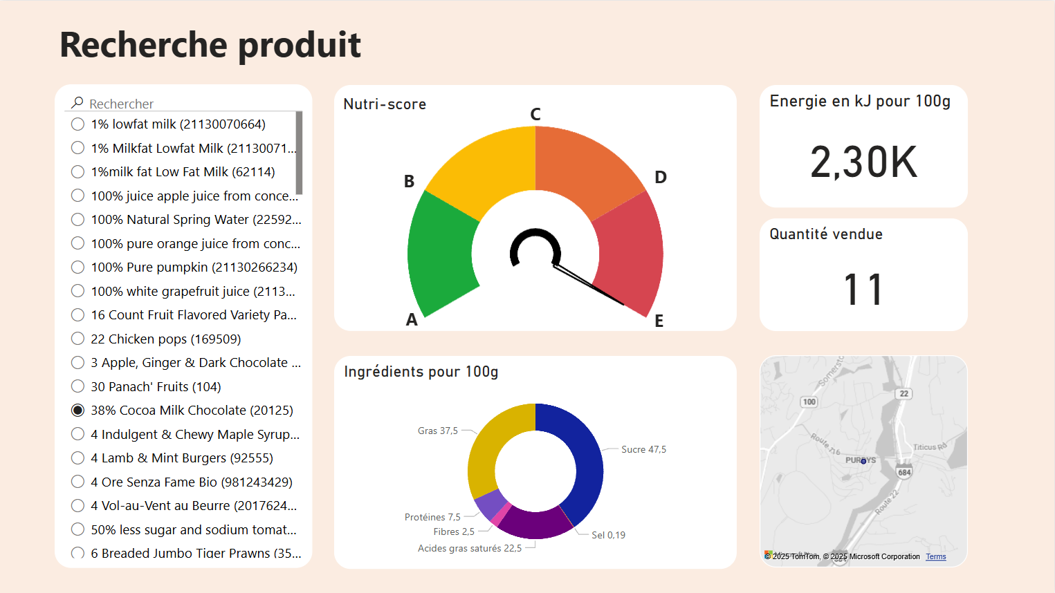 NutriSight - Product search dashboard with Nutri-score gauge, nutritional breakdown, and ingredient composition